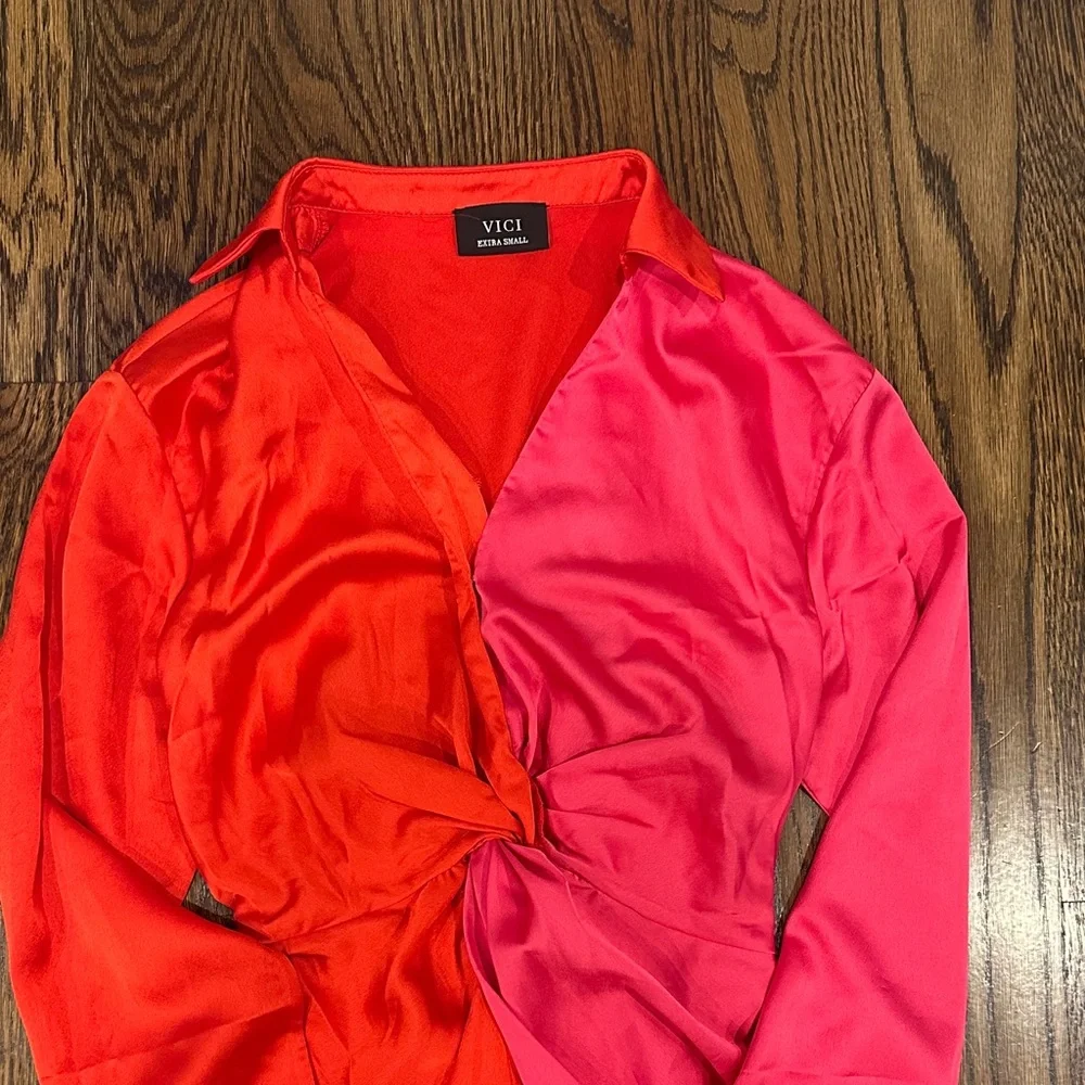 Vici Bold Red and Pink Satin Top - Picture 2 of 3